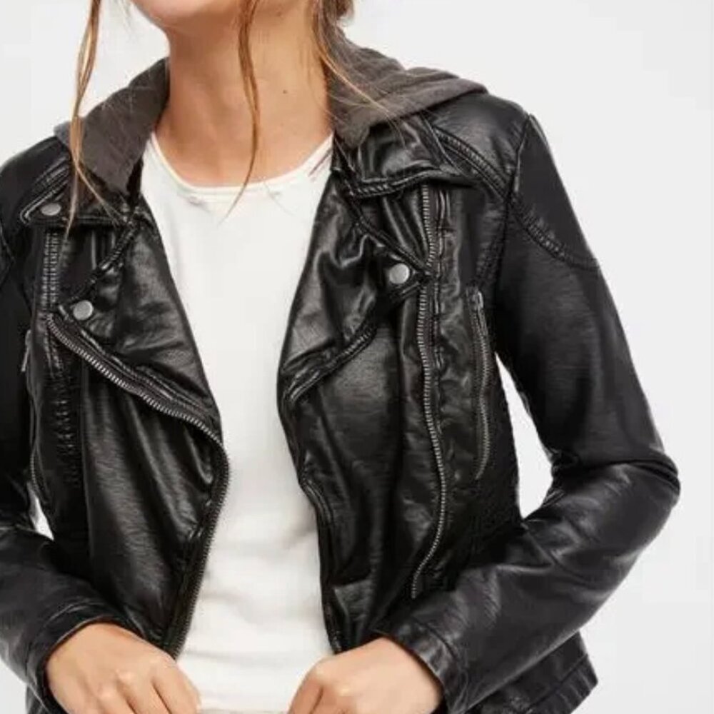 Free People Cleo Leather Moto Black Hooded Jacket Soft Grunge Hot Girl Elevated - Picture 14 of 14